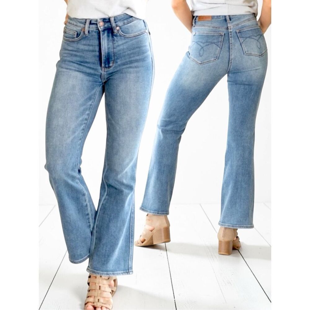 Judy Blue Tummy Control Bootcut Jeans High Rise Embroidered Pocket Denim Medium